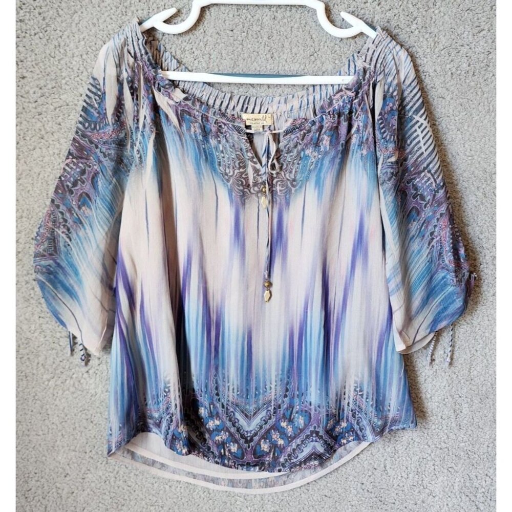 One‎ World Women's 3/4 Sleeve Off The Shoulder Flowy Blouse Top Blue Polyester L